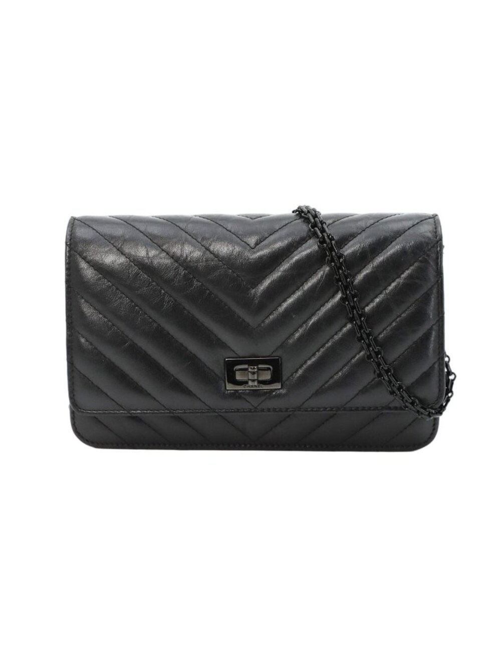 Chanel 2.55 Chain Wallet Leather Black Chez Blanc Stitch